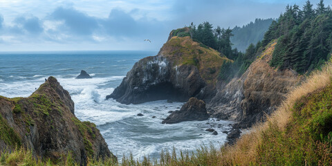 A dramatic coastal cliffside with rugged rock formations, powerful waves crashing below, and a lone seagull soaring in the wind. The raw and majestic setting feels untamed and vast.