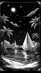 A black and white pattern with sailboats, palm trees, suns, waves, monochrome design.