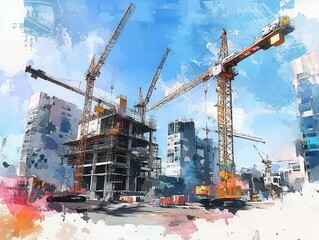 Skyscrapers under construction, cranes and scaffolding filling the scene, watercolor style