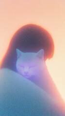 A blurry, faceless humanoid with dark hair holding the glowing purple silhouette of a cat.