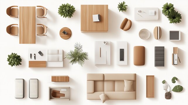 a top view of a furniture set, including a sofa, chairs, and a coffee table, all designed in a Scandinavian style with clean lines.