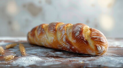 A freshly baked braided bread loaf on a wooden surface, showcasing its golden crust.