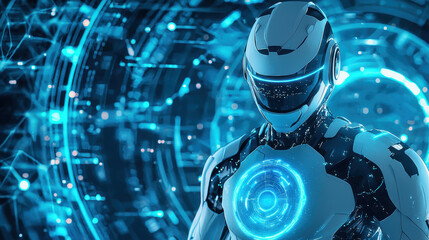 Fototapeta premium Futuristic robot with glowing shield, showcasing advanced technology and design. vibrant blue background enhances high tech atmosphere, creating captivating visual experience