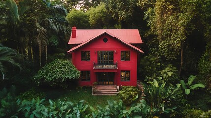 Red house nestled in lush green foliage.
