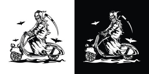 Death on a Scooter. Halloween Poster. Original vector illustration in vintage style. T-shirt design.