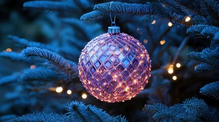 Vibrant Christmas ball hanging on a beautifully lit blue fir tree, perfect for holiday decorations