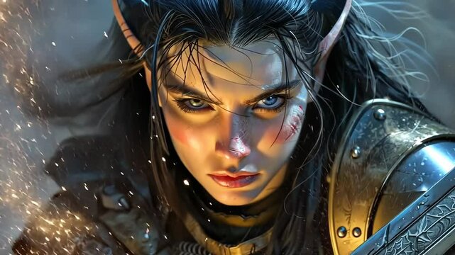 beautiful girl elven warrior showcases striking features and intricate armor in a captivating fantasy environment