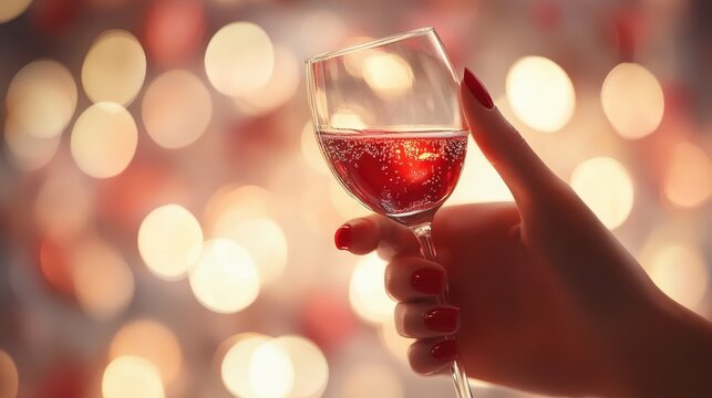 Elegante Frauenhand mit rotem Nagellack h&Atilde;&curren;lt funkelndes Champagnerglas. Festliche Silvester-Stimmung mit Bokeh-Lichtern. Glamour&Atilde;&para;se Party-Atmosph&Atilde;&curren;re f&Atilde;&frac14;r Neujahr