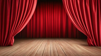 Fototapeta premium A professional stage with red velvet curtains drawn back,symbolizing the performing arts