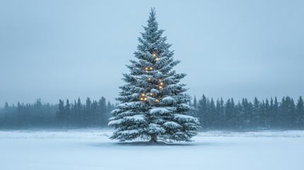 Obraz premium Under a serene winter sky, a beautiful Christmas tree stands in a snowy landscape, adorned with colorful lights.