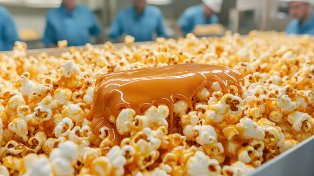 Popcorn factory. A delicious pile of popcorn drizzled with caramel, inviting and enticing, set in a production area with workers in the background.