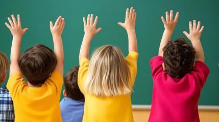Enthusiastic Students Raise Hands in Diverse Classroom Setting Symbolizing Education and Curiosity