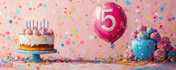 50th birthday card. Vibrant celebration scene with a large 50 balloon, a cake with candles, and colorful confetti on a pink background.