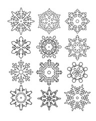 Several geometric vector snowflakes, isolated black lines on white background