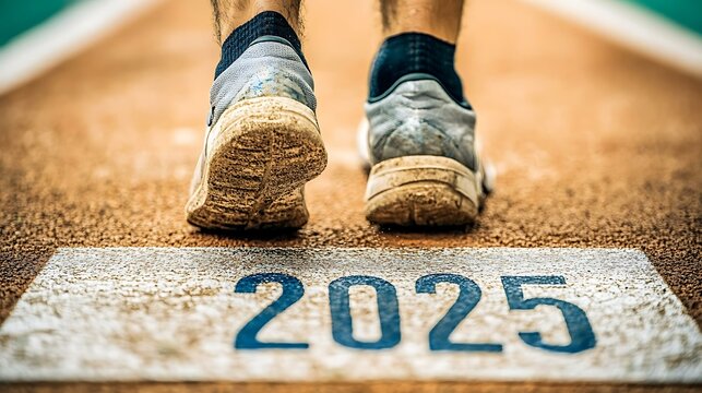 A close-up of a runner's feet poised at the starting block marked "2025"