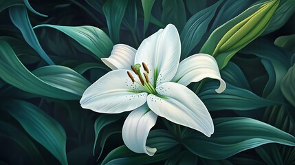 Close-up of a pristine white lily blossom amidst lush green foliage.