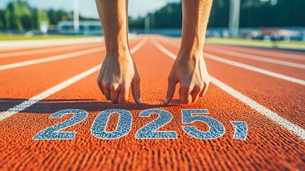 A close-up of a sprinterâ€™s hands gripping the track labeled "2025," symbolizing readiness