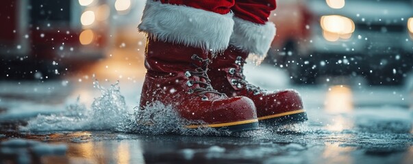 Santa Firefighter. Firefighter in Santa costume with hose and foam. security. Fire, Salvation. The concept of fire safety during the holidays. Security. Firefighter's boots in foam and water.