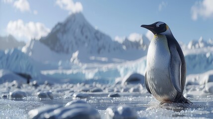 Obraz premium A majestic emperor penguin stands on icy terrain with mountains in the background.