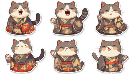Fototapeta premium A sticker-like illustration of a cat wearing a traditional kimono, showcasing 9 different expressions and poses