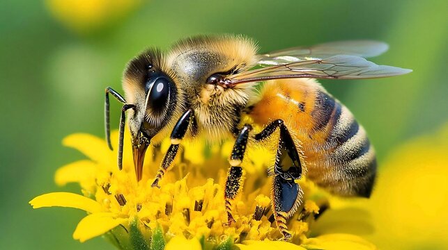Close-up Shot of a Honeybee Pollinating a Vibrant Yellow Flower,Highlighting the Importance of