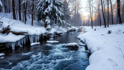 Frozen Winter Creek in Idyllic Snowy Landscape