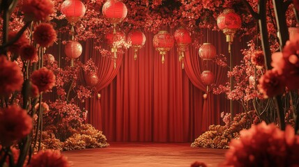Red curtains frame a stage featuring red lanterns and gold flowers against a red backdrop.