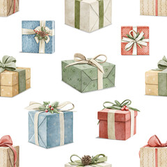 Watercolor vintage seamless pattern with various present boxes of Christmas gifts isolated on white background. Hand drawn illustration sketch