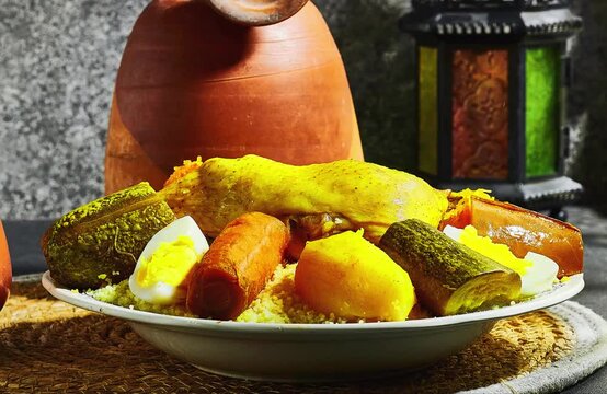 chicken Meat and vegetable couscous in a tajine plate, typical food from Algeria, a traditional festive Arabic dish with herbs and spices and splash milk near window