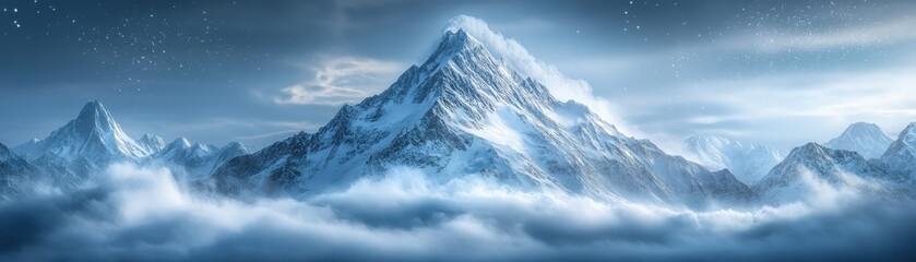Obraz premium Majestic Snow-Capped Mountain Peak Rising Above Clouds Under a Starry Night Sky in a Serene Winter Landscape