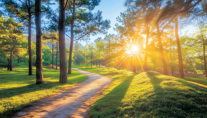 Obraz premium Serene sunrise path through a sunlit pine forest, idyllic landscape.