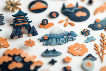 Colorful die-cut stickers depicting nature and architecture on white background.