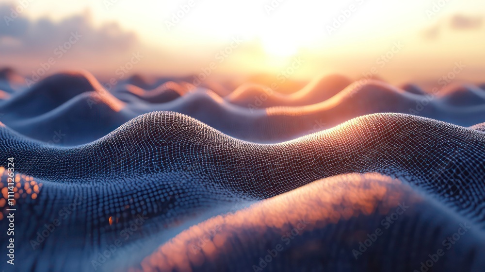 Poster sunset over a digital landscape of undulating waves.