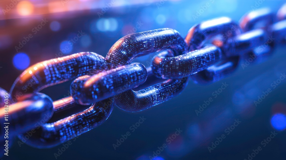 Fototapete A 3D rendering of blockchain blocks moving in a virtual space, with digital chains linking them.