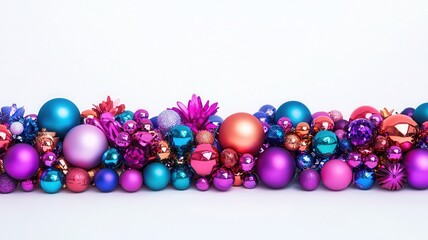 Colorful festive ornaments arranged on a white isolated background.