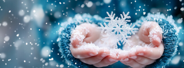 Fototapeta premium Person hands catching snowflakes in snowfall. Panoramic winterly background.