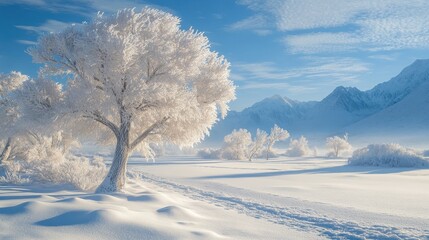 A tranquil winter landscape with snow-covered trees and a serene atmosphere in a desert setting during bright daylight