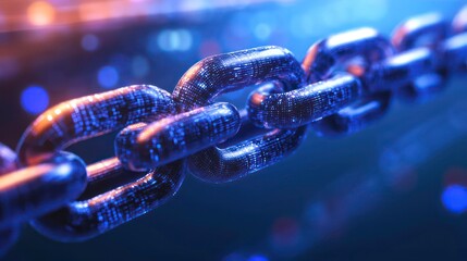 A 3D rendering of blockchain blocks moving in a virtual space, with digital chains linking them.