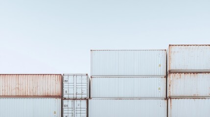 Minimalist view of stacked white cargo containers, clean lines and neutral tones, [cargo containers], [modern aesthetics]