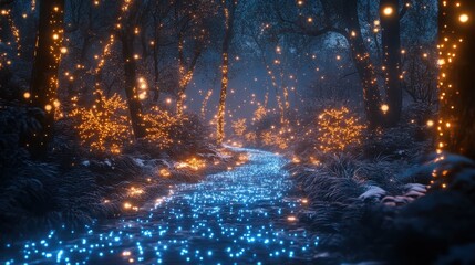 Pathway adorned with blue and warm lights, creating a serene, dreamlike winter atmosphere. Generative AI