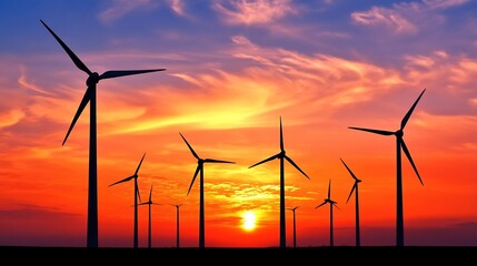 Wind turbine farm against stunning sunset sky showcasing renewable energy