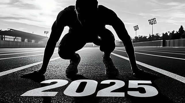 A silhouette of a runner poised to start on a track with "2025" written in bold near the finish line