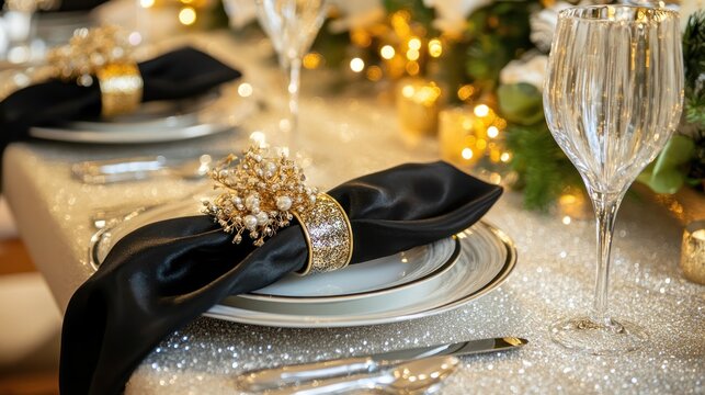 Silver table runner with black napkin rings and golden details