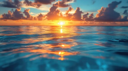 Obraz premium A serene sunset over the ocean, reflecting vibrant colors on calm water.