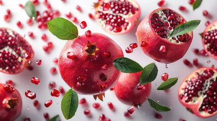 close up lay flat of pomegranate scattered on a white work surface , shot from above even daylightlighting, strong focus good detail photo realistic,