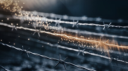 Barbed wire covered with frost under soft light, symbolizing harsh winters of imprisonment