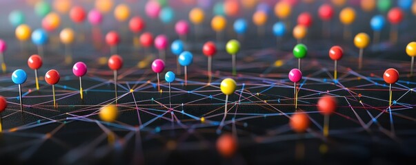 Abstract network of interconnected pins on a black surface.