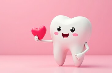 Cartoon tooth with red heart in hand on a pink background. Valentine's day dental concept