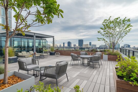 Modern rooftop patio offering stunning city views with comfortable seating - Powered by Adobe