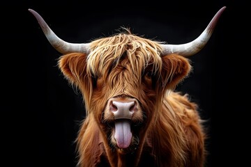 Highland Cow with Expressive Tongue on Black Background for Rustic Art and Decor